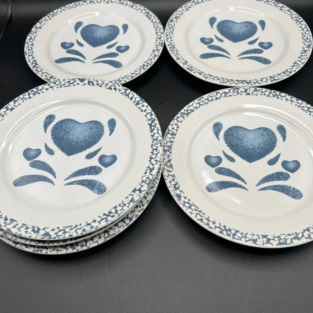 6 Jay Import Blue Hearts Sponge Bread Salad Dessert Plates 7 3/4